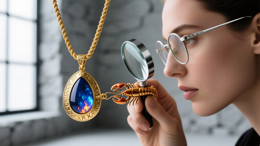 Jeweler using a loupe to inspect a 14k gold rope chain and lobster clasp on a fantasy RPG-inspired teardrop opal pendant necklace.