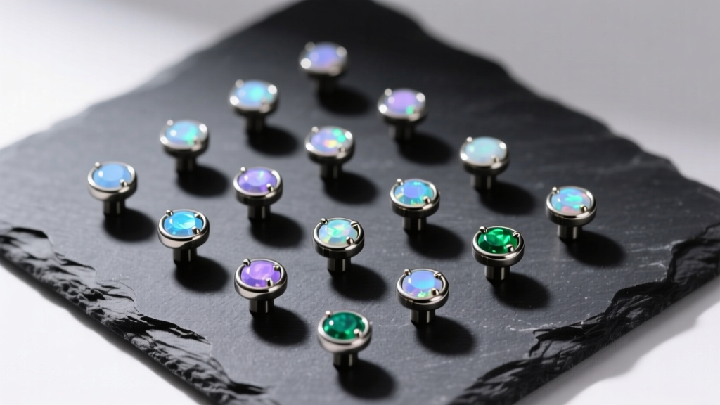 A flat lay arrangement of 18-gauge titanium threadless flat-back labrets with 3mm bezel-set opal ends on a dark slate surface