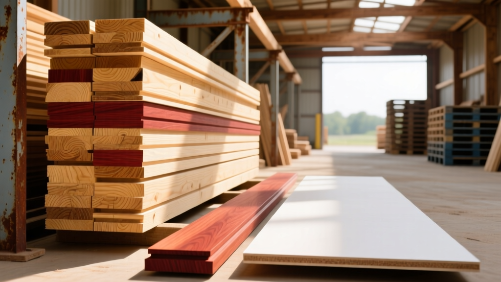 Stacked dimensional SPF framing lumber next to finished red oak trim boards and MDF sheet goods in a well-lit lumber yard aisle