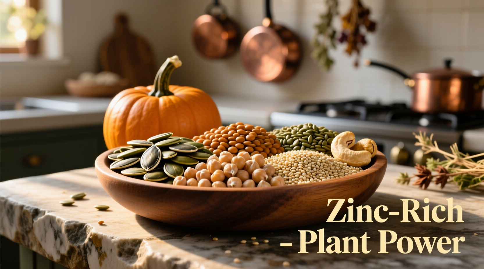 Variety of zinc-rich plant foods including pumpkin seeds and lentils