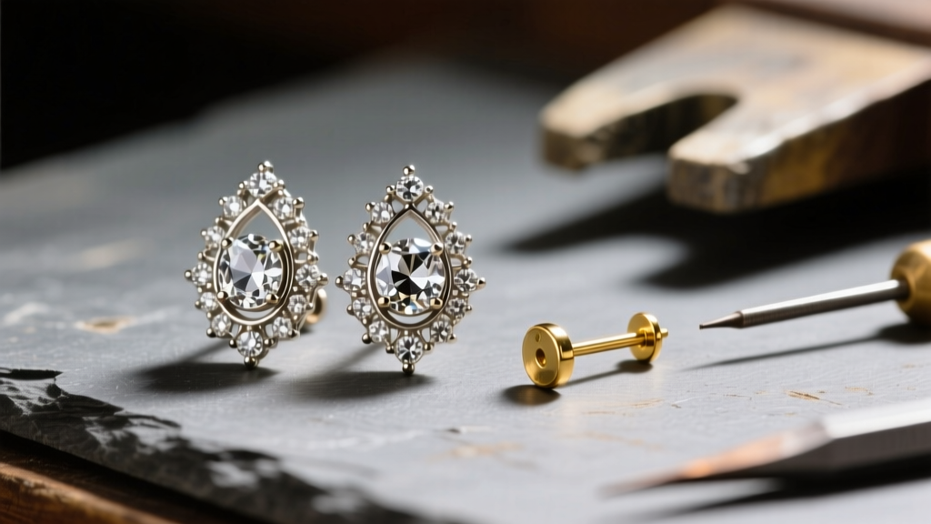 Jeweler workbench showing vintage rhinestone clip-on earrings beside a newly soldered 20-gauge 14k gold post and friction back