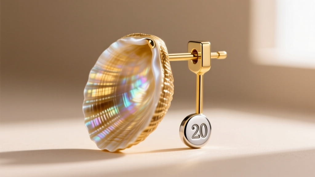 Close-up of gold clam shell earring post showing 20-gauge thickness and a sterling silver hallmark on the clutch.
