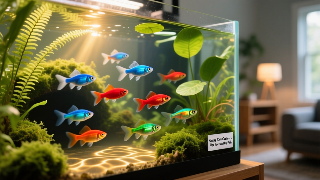 A colorful group of guppies swimming peacefully in a well-planted freshwater aquarium
