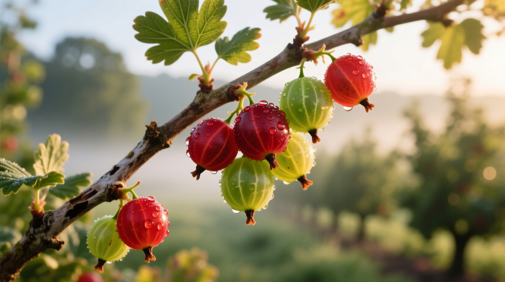 Ripe red and green gooseberries on branch