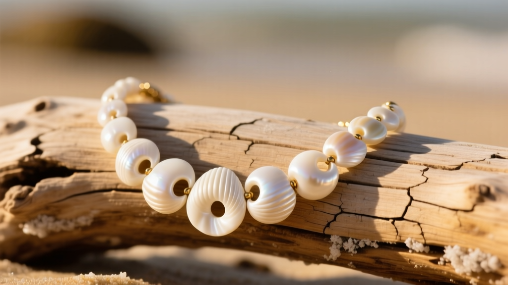 Close-up of an authentic 10mm creamy-white puka shell necklace with natural asymmetrical holes, resting on sun-bleached driftwood.