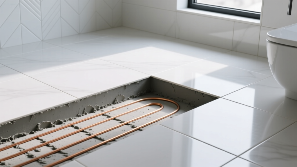 Cross-section of electric radiant heating cables in thinset mortar beneath large porcelain tiles in a modern bathroom.