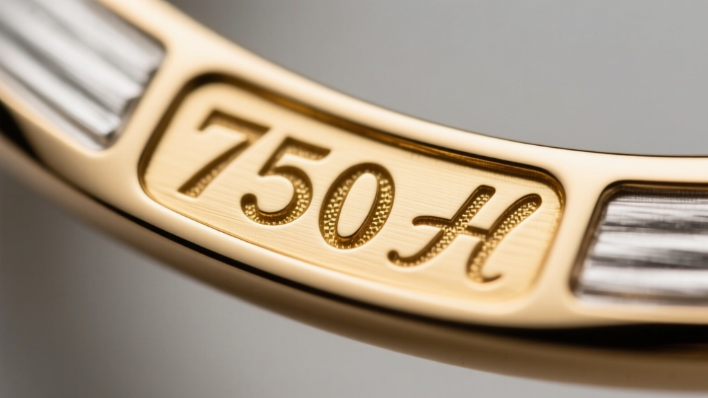 Macro photography of stamped hallmarks including a 750 stamp and a maker's mark on the inside of an 18-karat gold pendant bail.