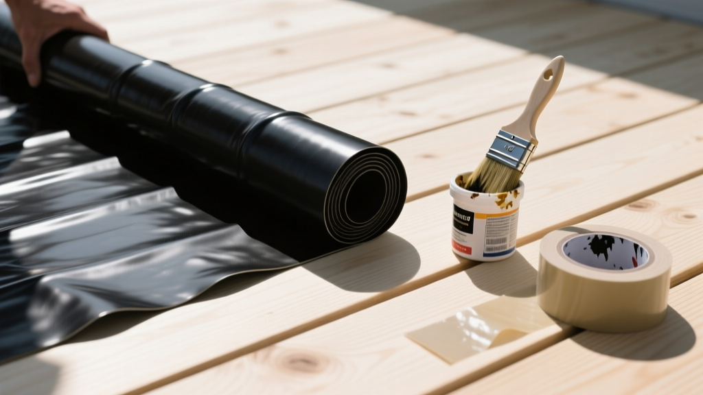 Close-up of black EPDM rubber roofing membrane being rolled out over plywood decking with adhesive primer and seam tape nearby
