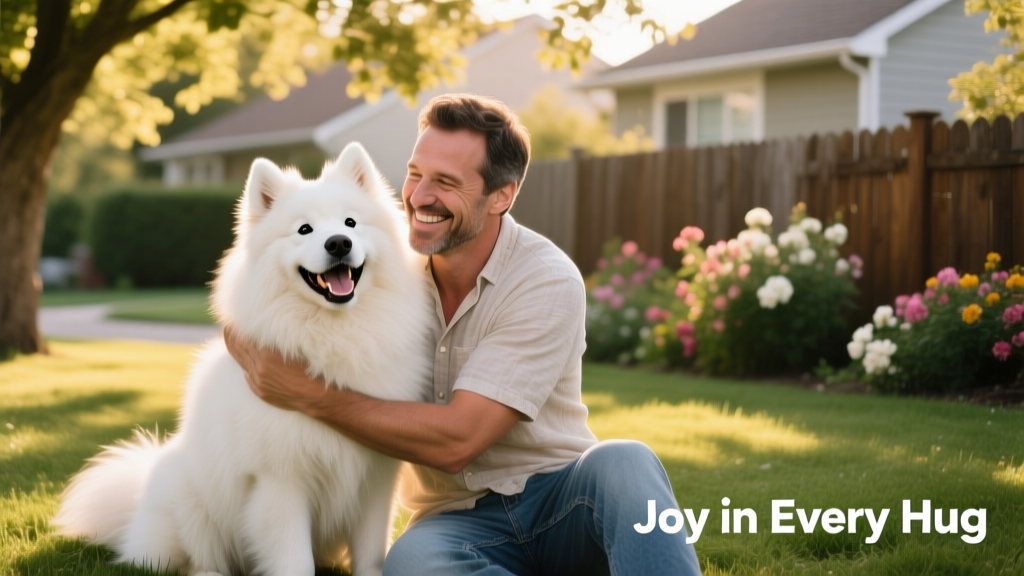 Happy Samoyed dog is embraced by man