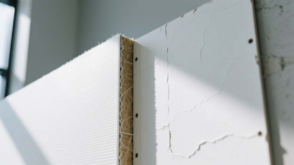 Close-up of Georgia-Pacific DensArmor fiberglass mat drywall edge next to standard paper-faced Sheetrock on commercial framing