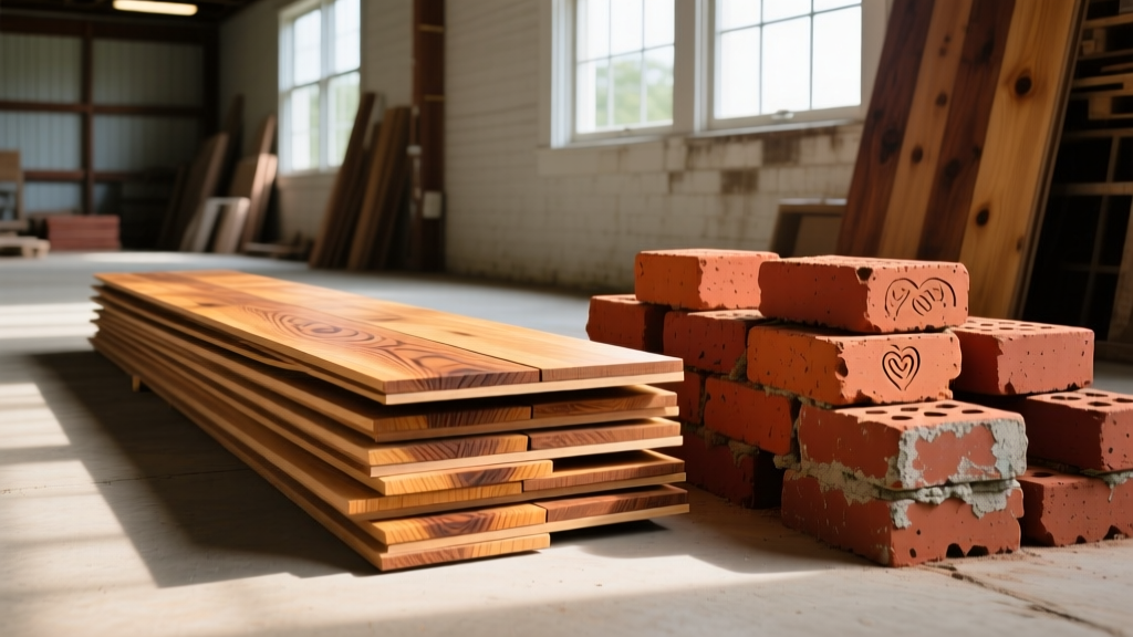 Reclaimed heart pine flooring stacks beside salvaged red clay bricks inside an architectural salvage warehouse in North Carolina