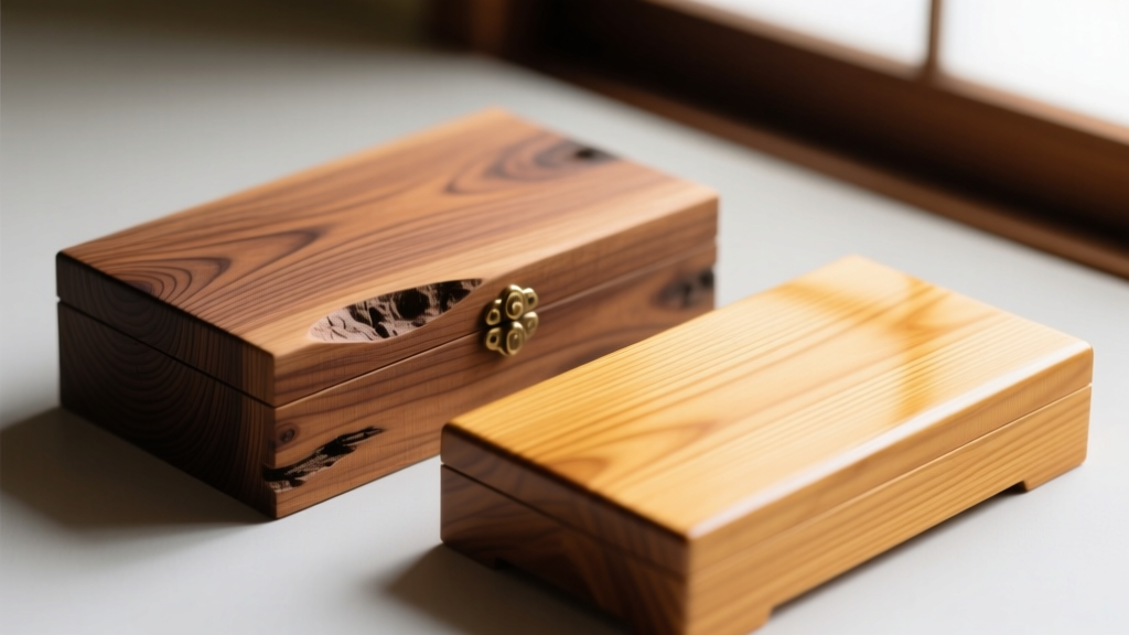 Macro shot of raw Kiri wood and polished Hinoki cypress textures used in Japanese vintage jewelry box construction materials.