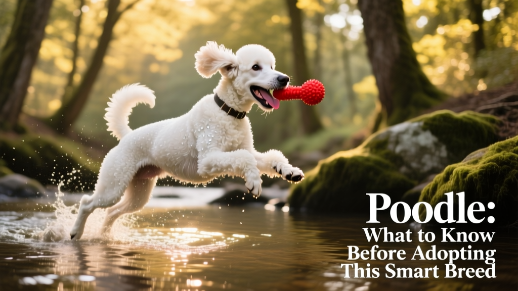 A joyful Standard Poodle retrieving a toy from shallow water, showcasing its athletic build and natural working instincts