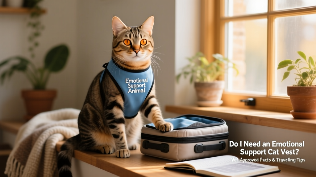 A calm, well-groomed tabby cat wearing a soft blue ESA vest with subtle 'Emotional Support Animal' embroidery