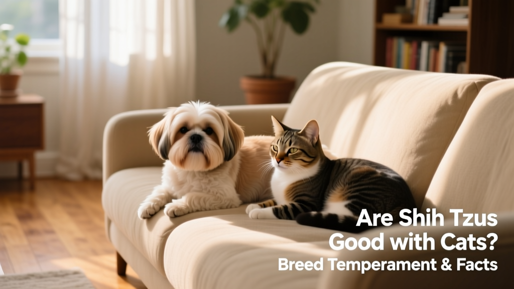 A Shih Tzu resting peacefully beside a relaxed domestic cat on a sunlit sofa