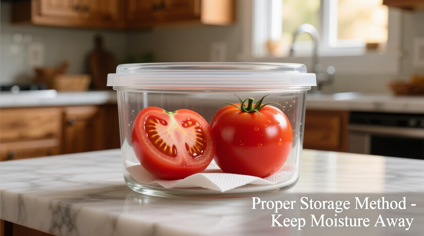 Cut tomato stored properly in airtight container with paper towel