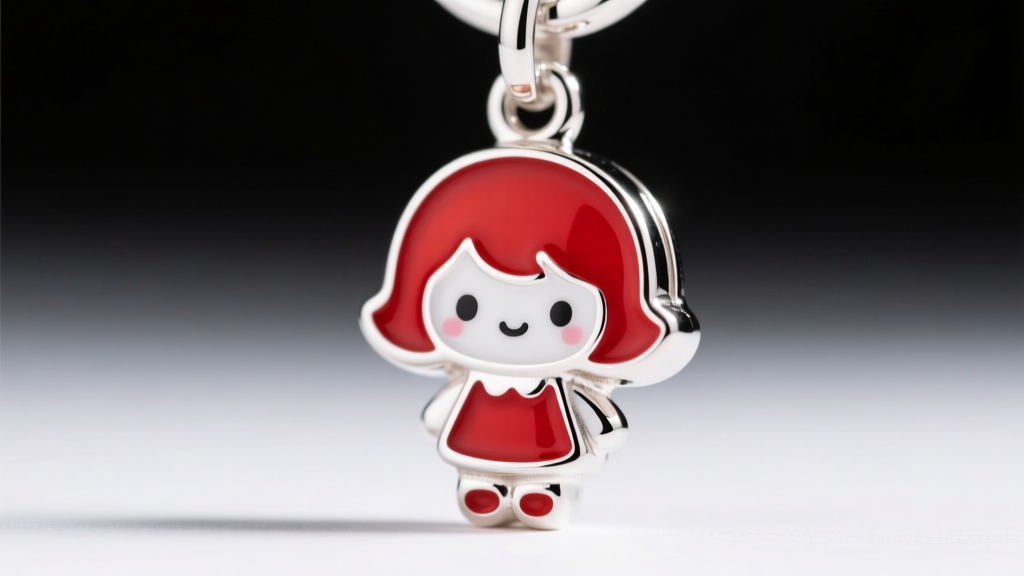 Macro shot of a sterling silver kawaii girl charm with vibrant red cloisonne enamel detailing highlighting the metal bezel edge