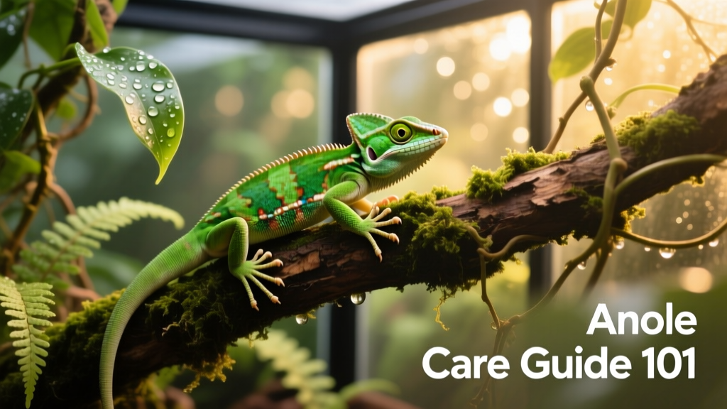 A green anole perched on a mossy branch inside a well-planted terrarium with visible climbing vines and humidity droplets