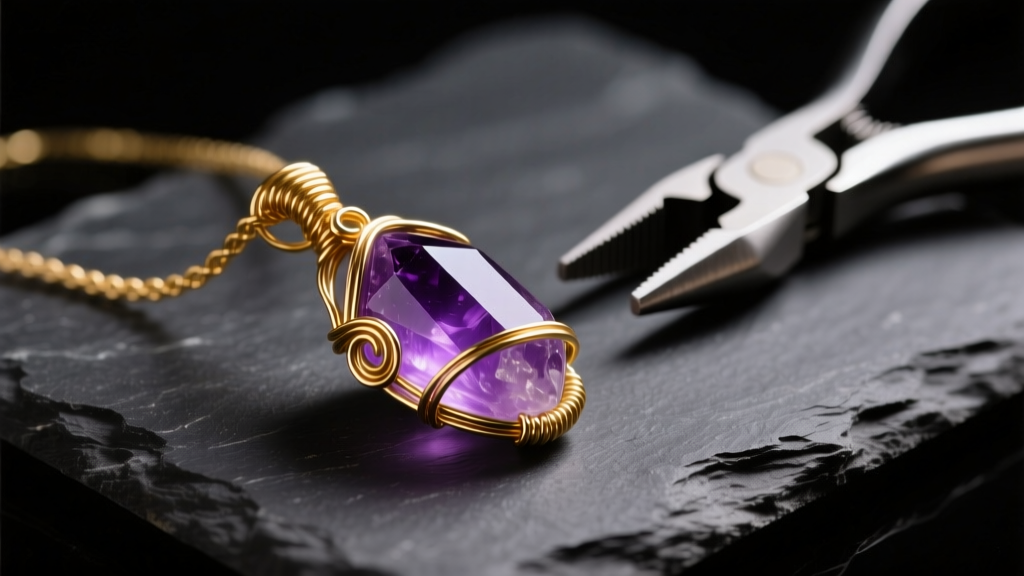 Macro shot of gold wire, pliers, and an amethyst wire-wrapped pendant resting on dark slate under warm studio light