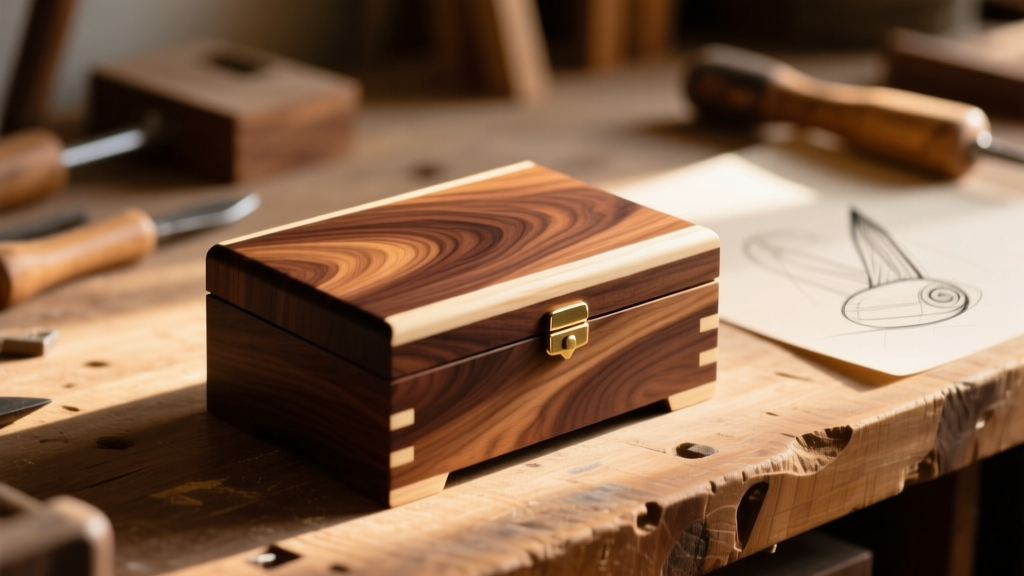 Close-up of a finished walnut and maple dovetail jewelry box on a workbench, warm lighting highlighting the intricate wood grain.