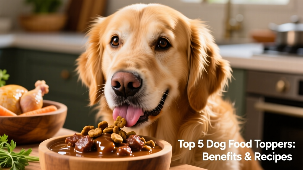 Close-up of a dog eagerly eating kibble topped with a rich, meaty gravy