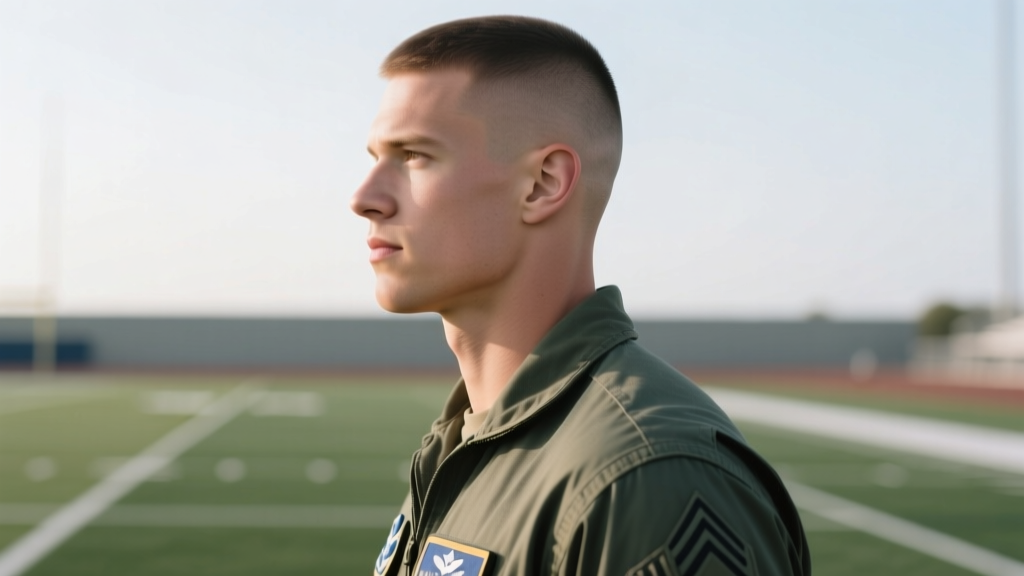 Side profile of a male Airman in PT gear, showing bare, unstretched earlobes fully compliant with military grooming standards.