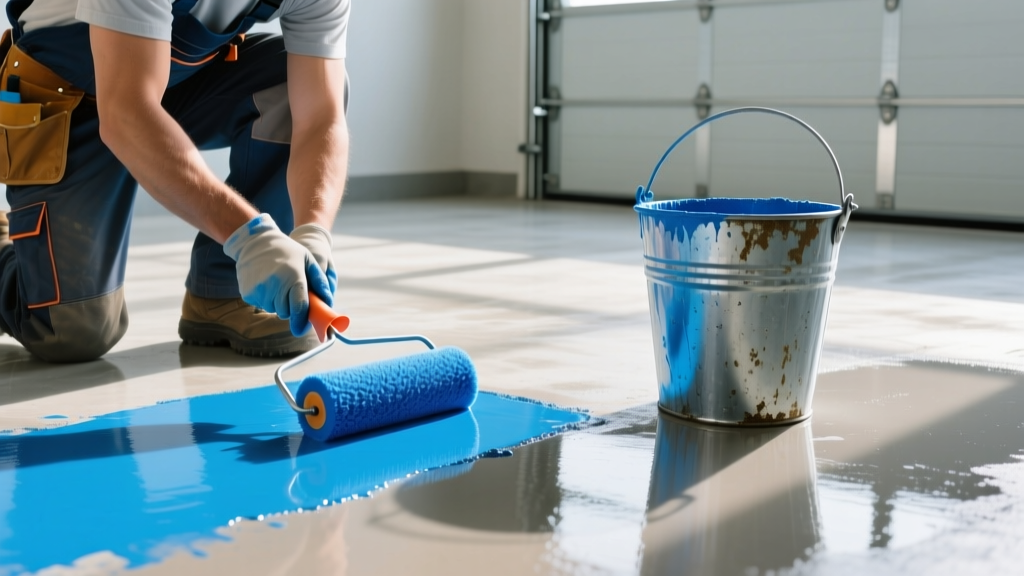 Close-up of a contractor applying vibrant blue water-based concrete dye to a polished garage floor next to a bucket of acid stain