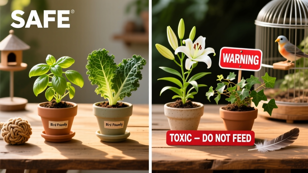 Side-by-side comparison showing safe plants like basil and kale on one side, and warning signs next to toxic plants like lilies and ivy on the other