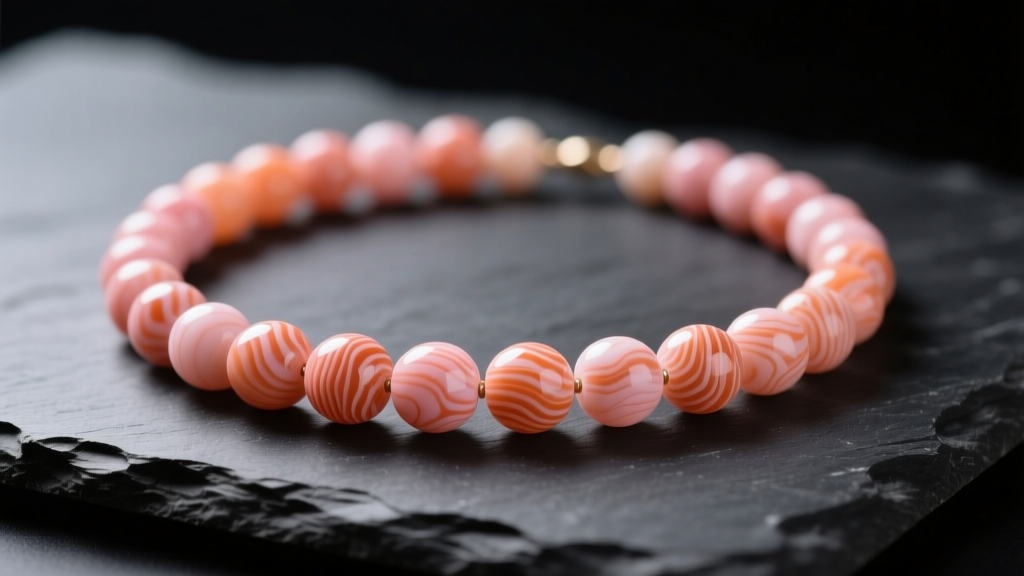 Natural salmon coral bead necklace on dark slate, showing pinkish-orange hue and organic striations under soft studio lighting.