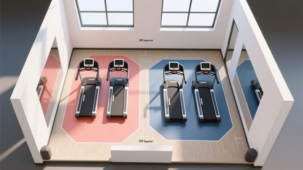 Overhead floor plan diagram illustrating a tandem treadmill layout versus a parallel side by side footprint in a 200-square-foot space