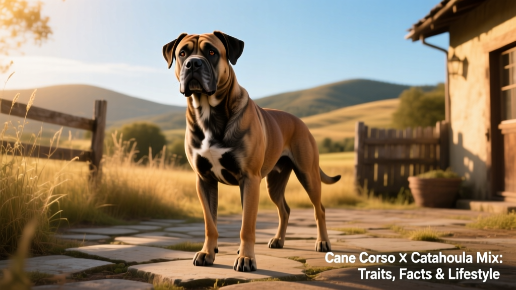 A confident, muscular Cane Corso Catahoula mix standing outdoors, showcasing its short coat, athletic build, and expressive eyes