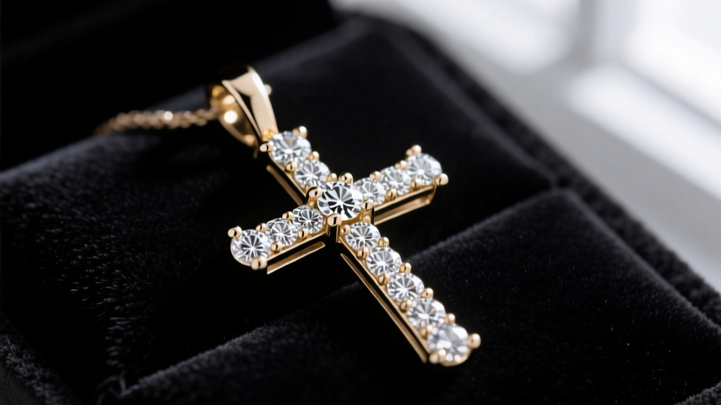 Close-up of a 14k white gold diamond cross pendant on dark velvet, highlighting brilliant melee stones in four-prong settings.