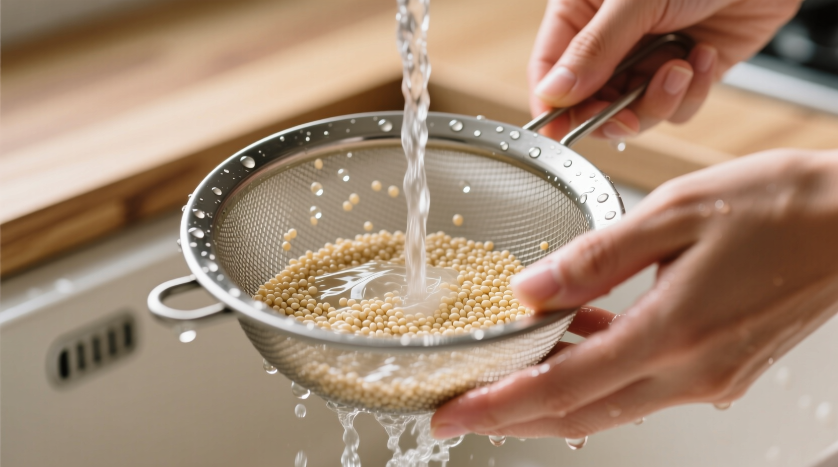 Hands rinsing quinoa in fine mesh strainer