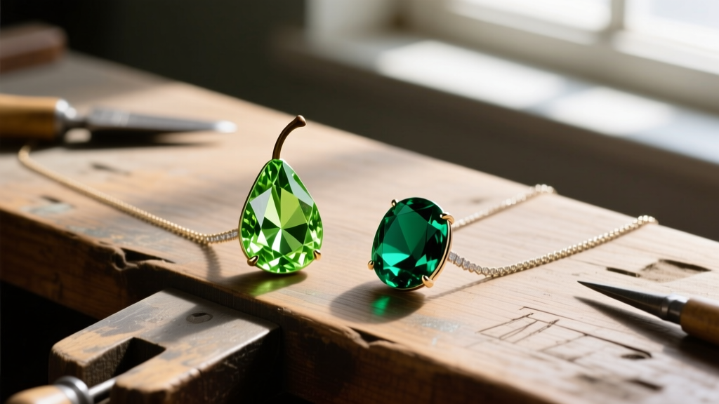 Side profile comparing a pear-cut peridot and an emerald cabochon for Garnet necklace replicas resting on a wooden jeweler bench