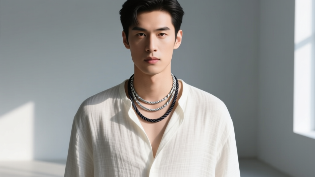 Male model in linen shirt showcasing a layered necklace set with a 2mm silver rope chain and a 3mm dark waxed cotton cord