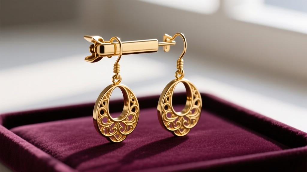 Close-up of a pair of gold dangle earrings being modified with a padded brass clip-on converter attachment on a velvet jewelry mat