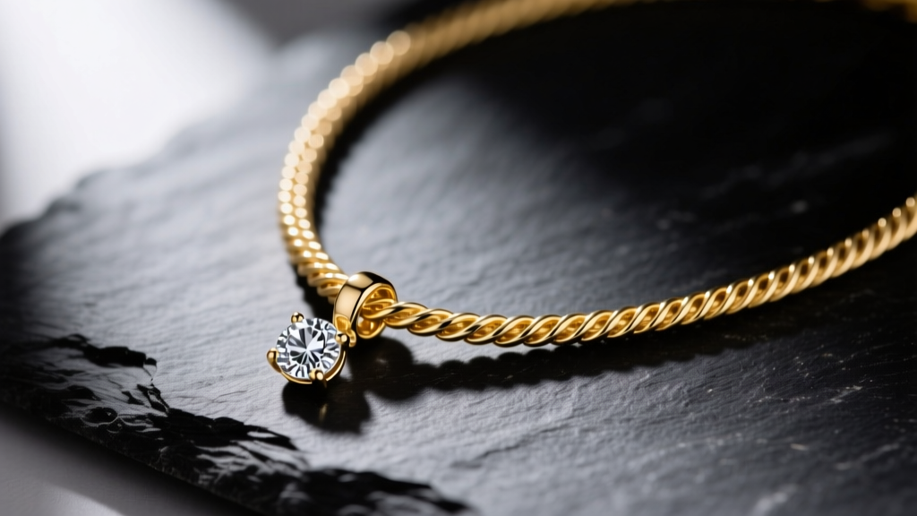 Macro shot of delicate 18k gold vermeil cable chain necklace with pavé diamond pendant on dark slate, soft directional lighting