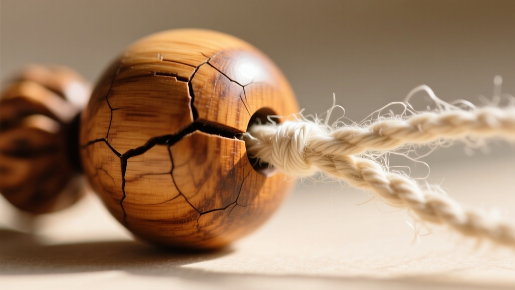 Close-up of frayed cotton thread emerging from a cracked tulasi wood bead, highlighting the need for restringing and proper care.