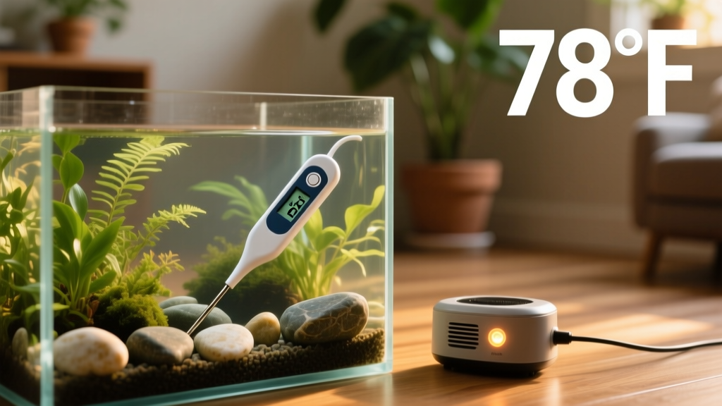 Digital thermometer probe submerged in aquarium water next to a heater, showing a stable reading of 78°F