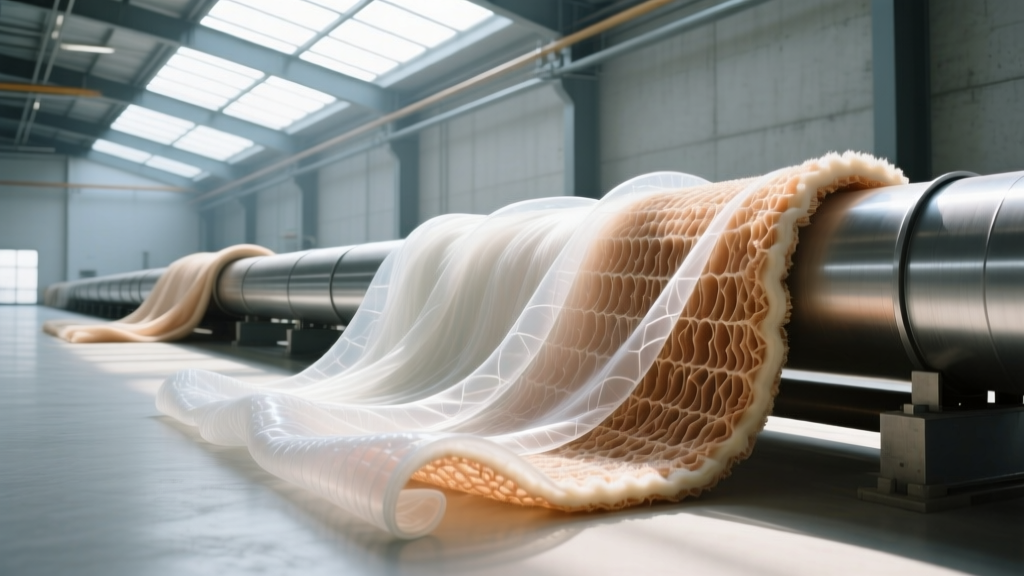 Flexible aerogel and ceramic fiber insulation fabrics unrolled across industrial pipes in a brightly lit facility