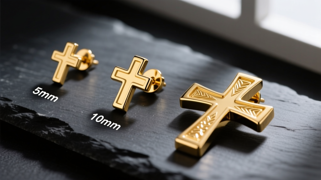 Macro photography of three gold cross earrings laid on dark slate, clearly showing 5mm, 10mm, and 15mm scale differences for men.
