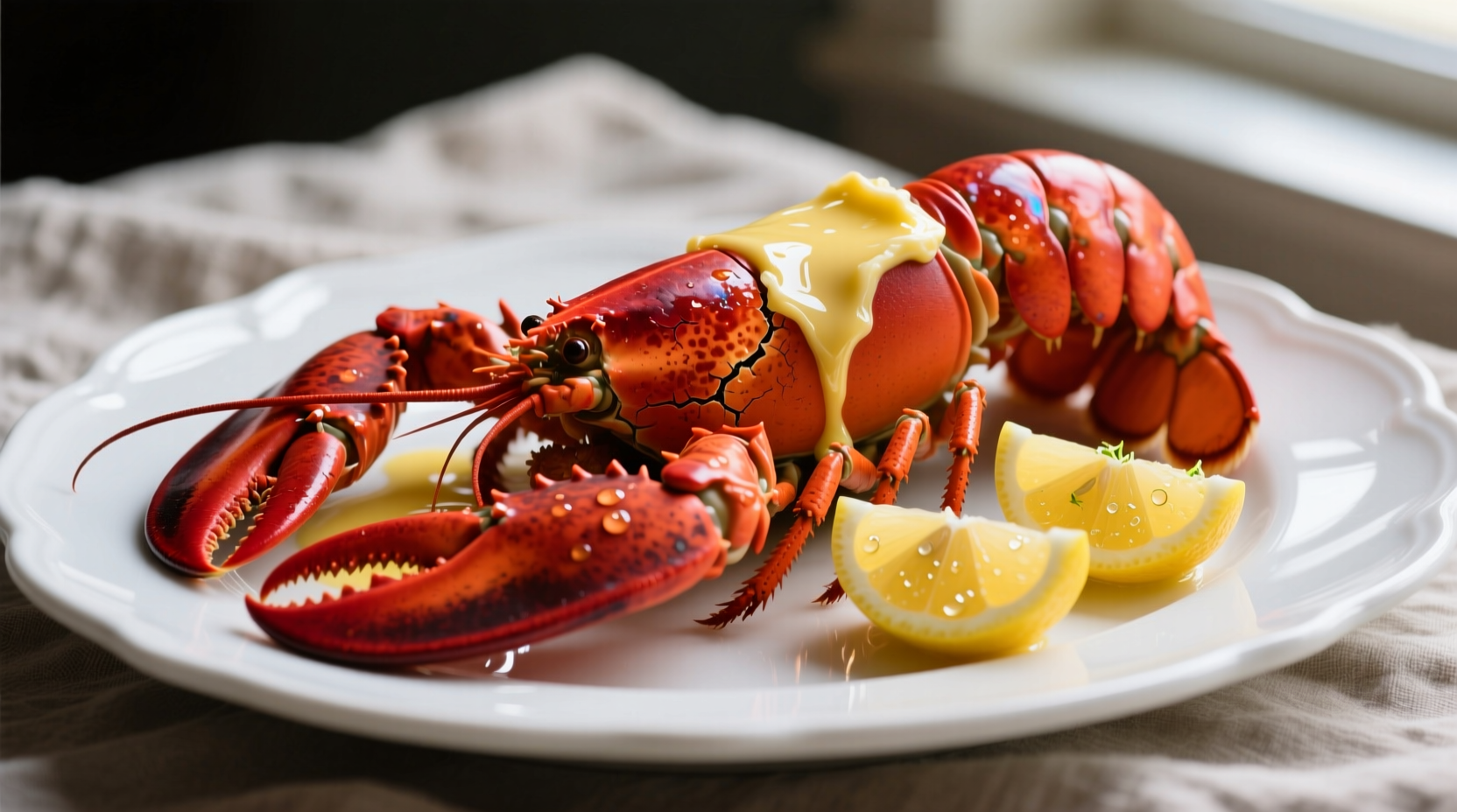 Fresh cooked lobster with melted butter and lemon wedges