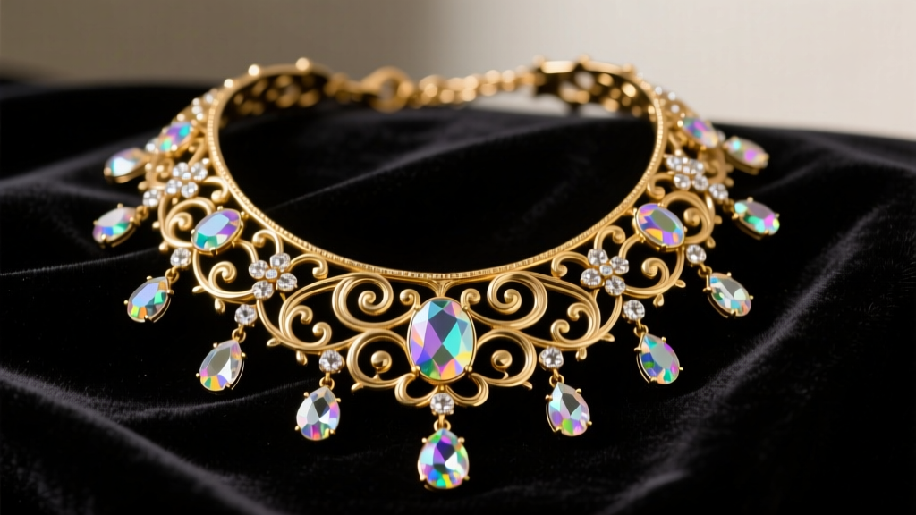 Vintage Florenza gold-tone Renaissance revival collar necklace with aurora borealis rhinestones resting on dark velvet fabric