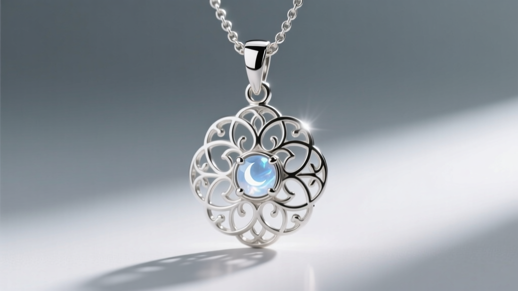 Macro shot of a sterling silver Sophia necklace pendant revealing deep filigree engravings and a small bezel-set moonstone gem.