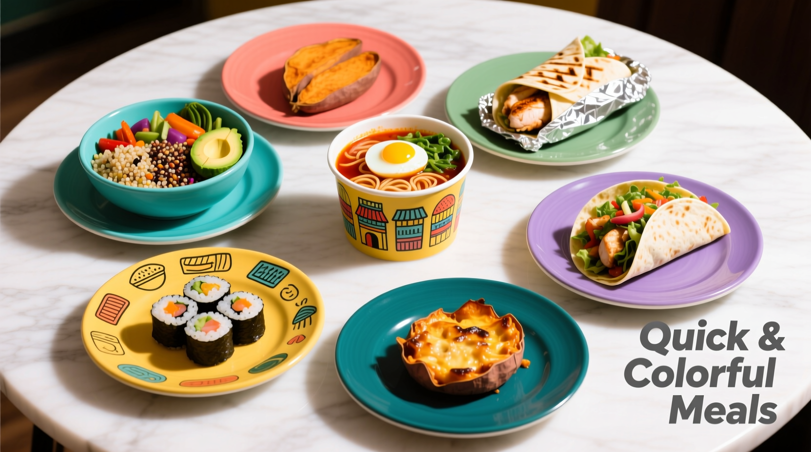 Colorful dinner plates with quick meal options