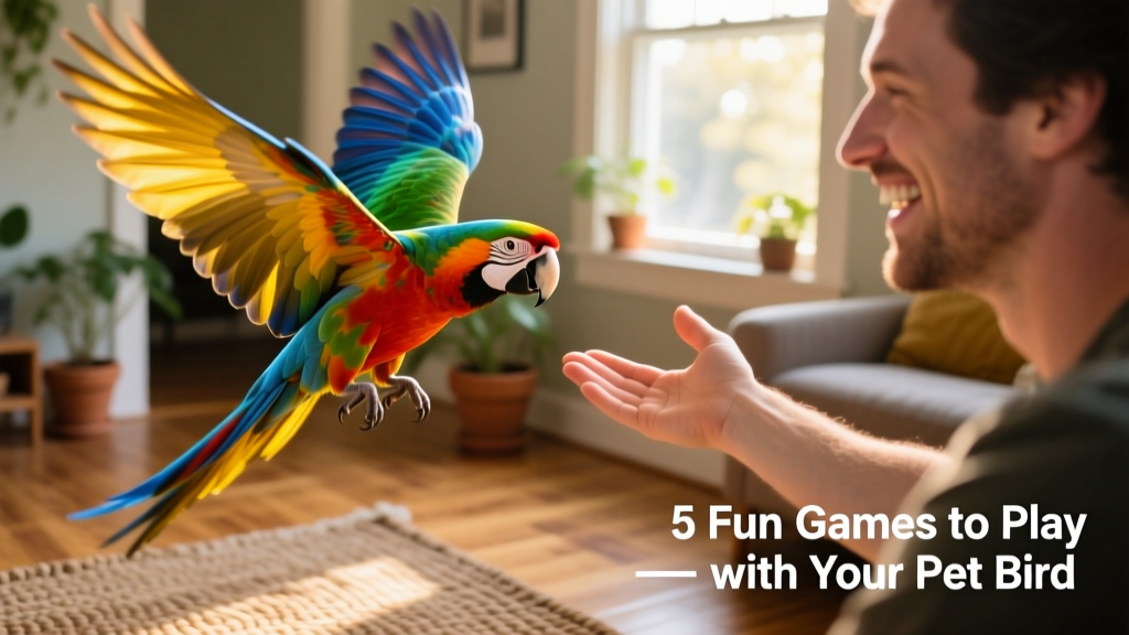 A colorful parrot mid-air, flapping wings during a playful interaction with its owner