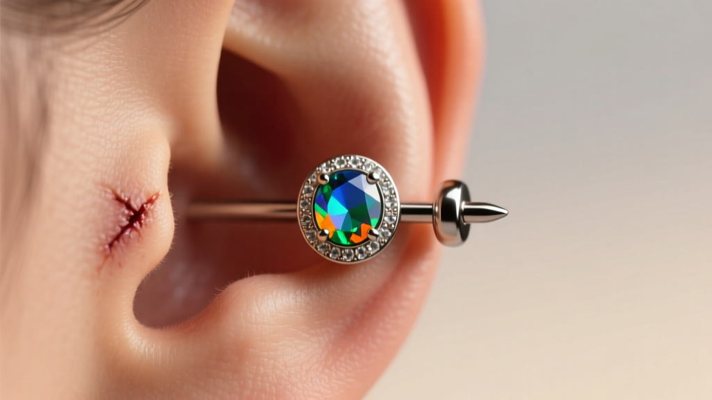 Close-up of a healed helix piercing featuring a 16-gauge implant-grade titanium flat back labret with a small bezel-set opal.