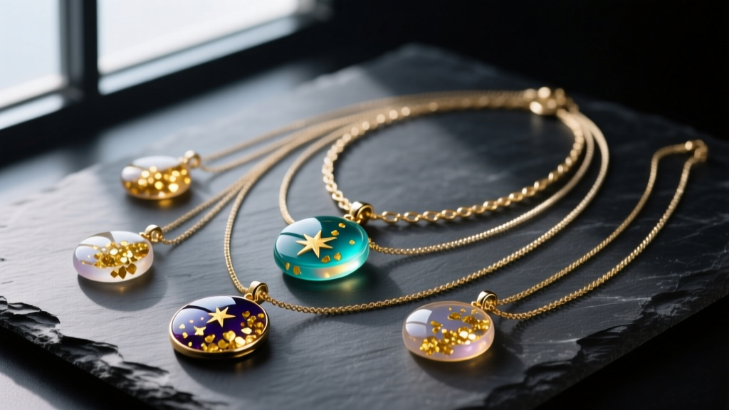 Flat lay of layered necklaces featuring UV-cured resin pendants with suspended gold flakes resting on a dark slate background.