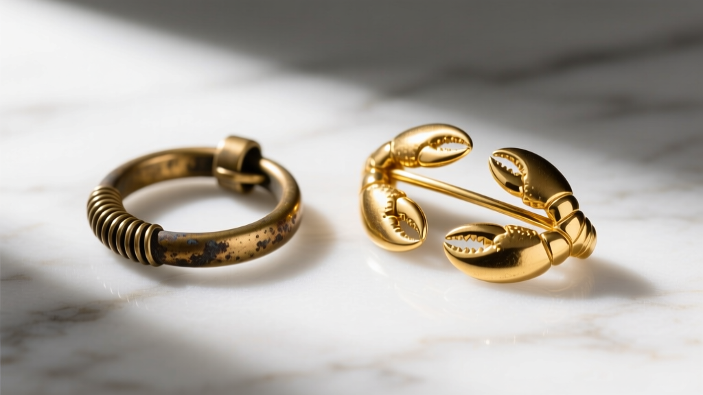 Comparison of a tarnished brass spring ring clasp and a pristine 14k gold-filled lobster clasp resting on a white marble surface.