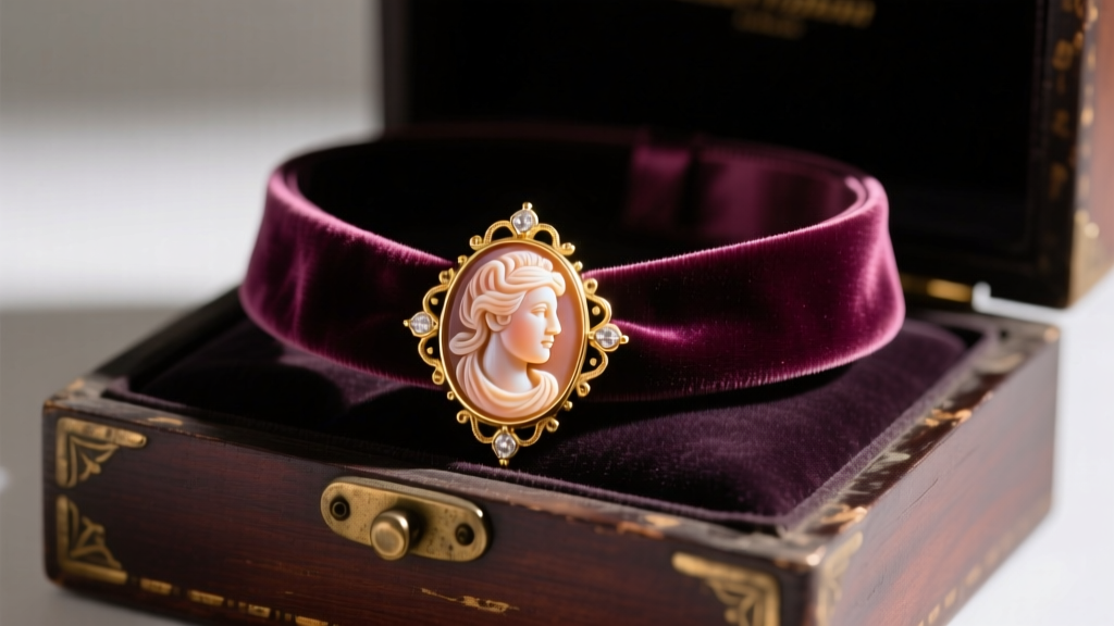 Elegant velvet choker featuring a hand carved peach shell cameo set in 14k gold resting on a dark antique jewelry box